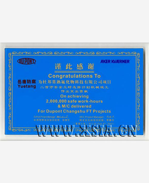 二百萬安全工時及按計劃機(jī)械竣工突出貢獻(xiàn)獎